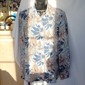 Bohme Blue, Tan, Grey Leaf Pattern Blouse, M, 20" PTP, 26" L